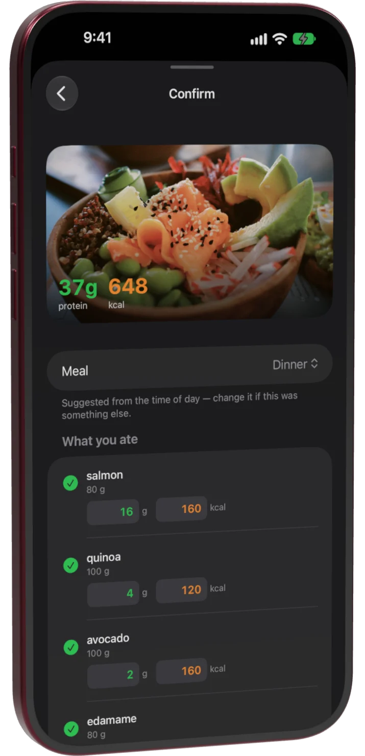 Kufu's Confirm screen for a photographed salmon poke bowl: the photo with 37 g protein and 648 kcal on it, then salmon, quinoa, avocado and edamame, each with protein and calories to correct before logging